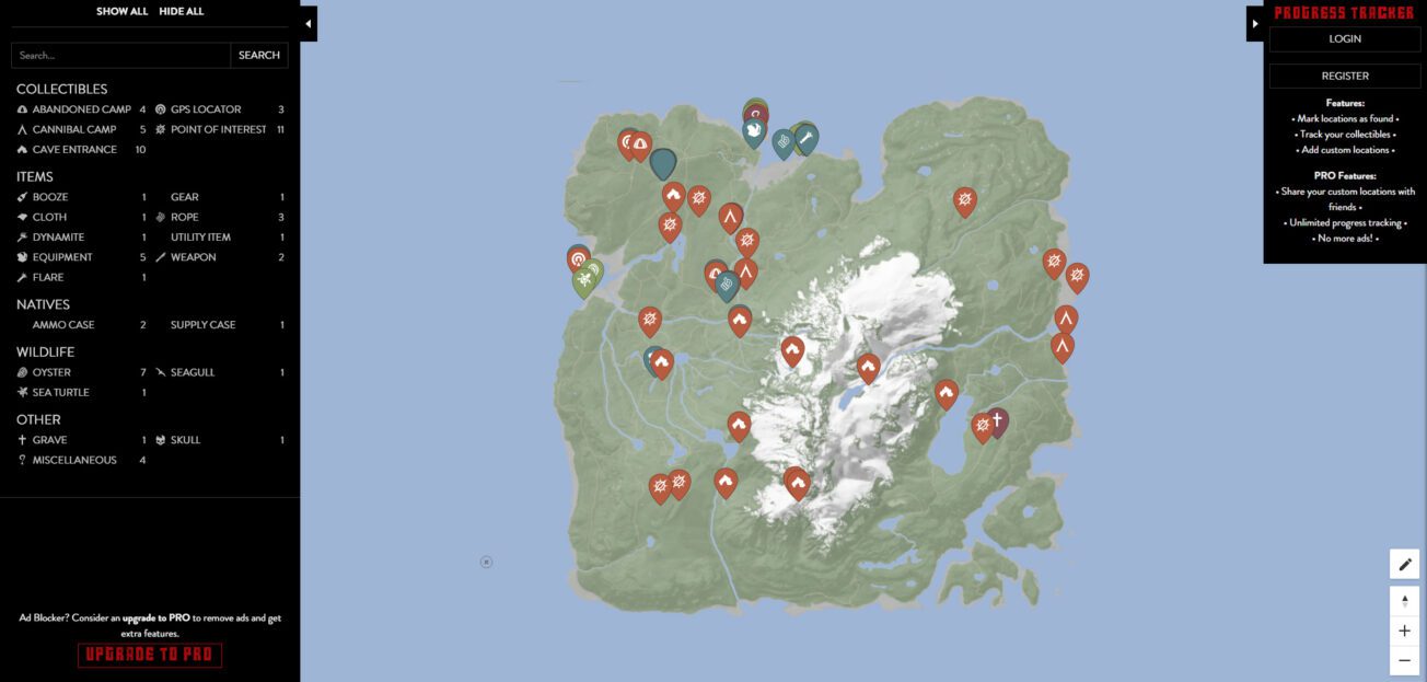 Sons of the Forest Interaktive Map Karte zeigt Höhlen, Ressourcen